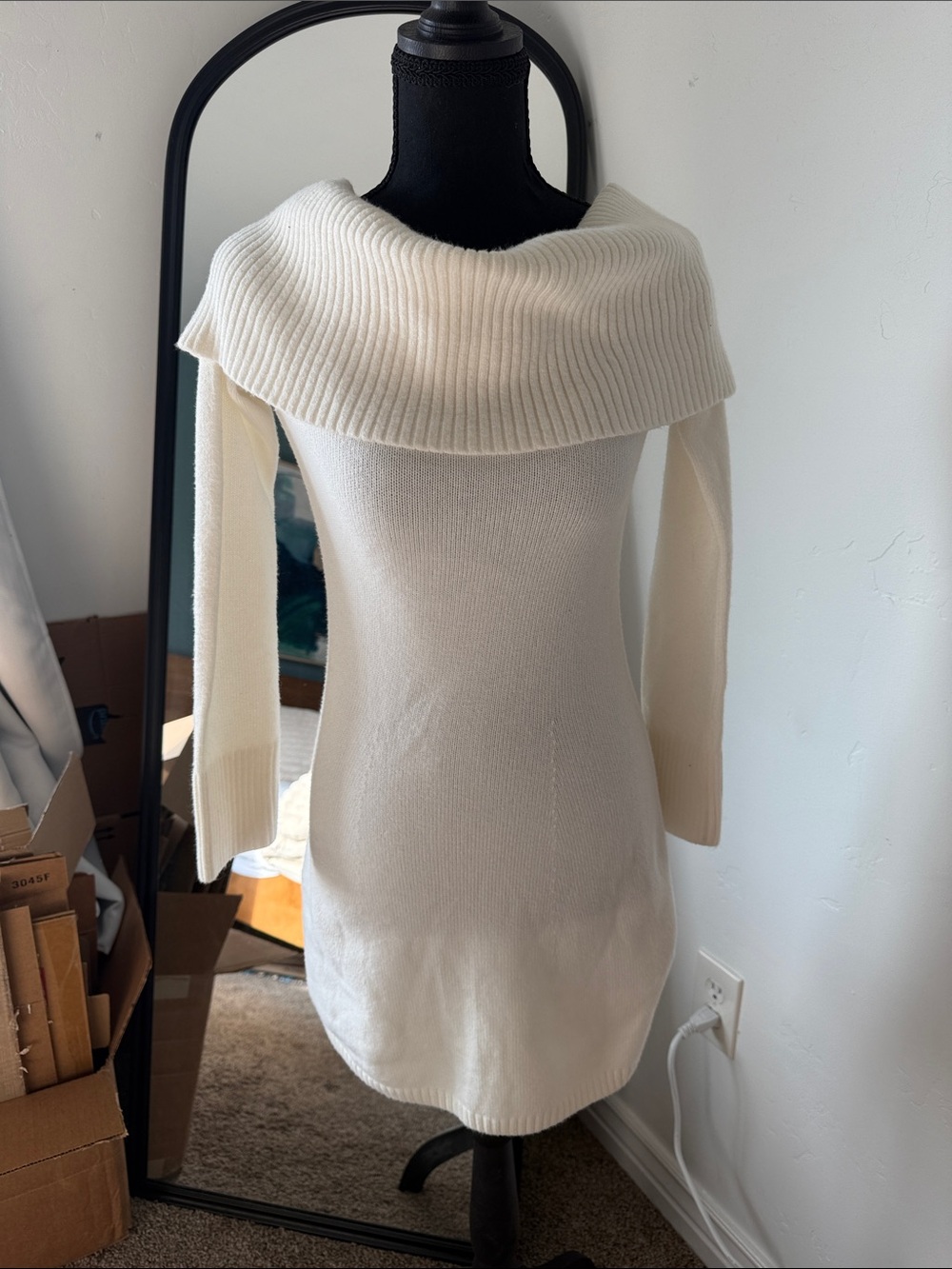 Hollister Cream Off-the-Shoulder Ribbed Knit Sweater Dress